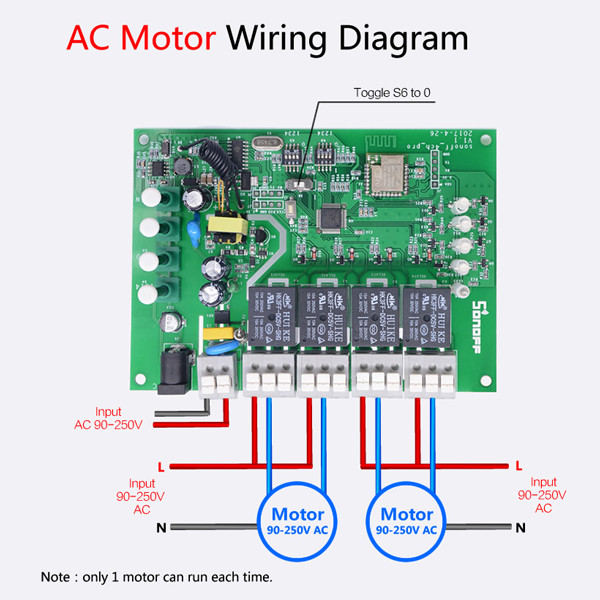 Схема подключения двигателя переменного тока к  4-канальному беспроводному WIFI  коммутатору SONOFF 4CH  Pro