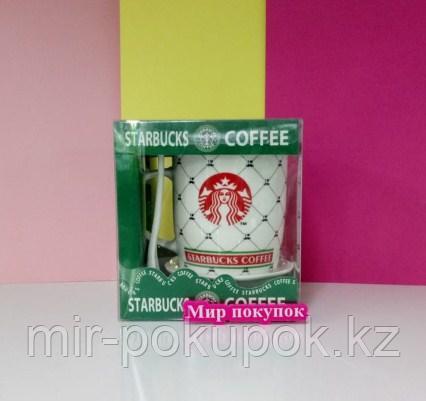 Кружка керамическая Starbucks (старбакс) с блюдцем и ложкой (белый), Алматы