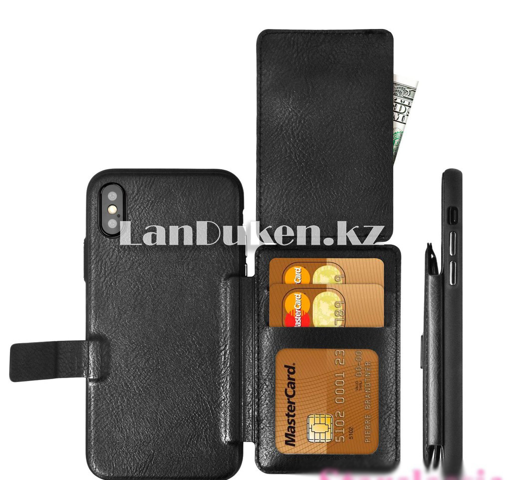 Чехол на iPhone XS Max (Apple iPhone XS Max) кожаный книжка с карманом для карт черный - фото 1 - id-p59179180