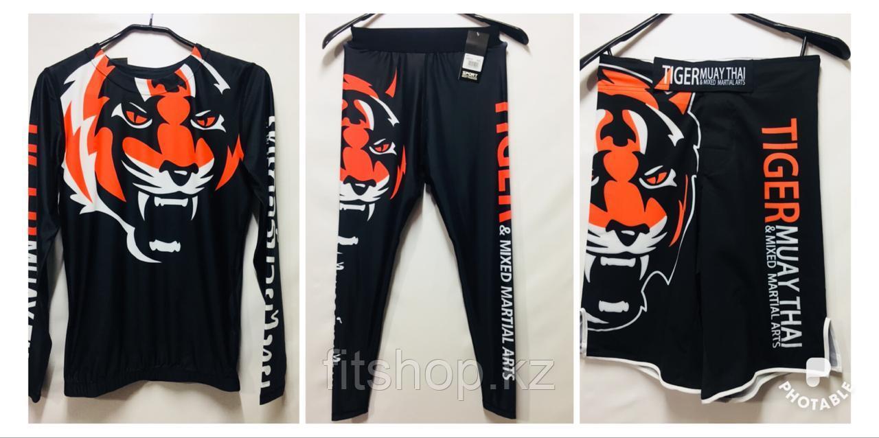Рашгард Tiger Muay Thai 3 в 1 ( комплект верх + низ + шорты ) чёрный,белый