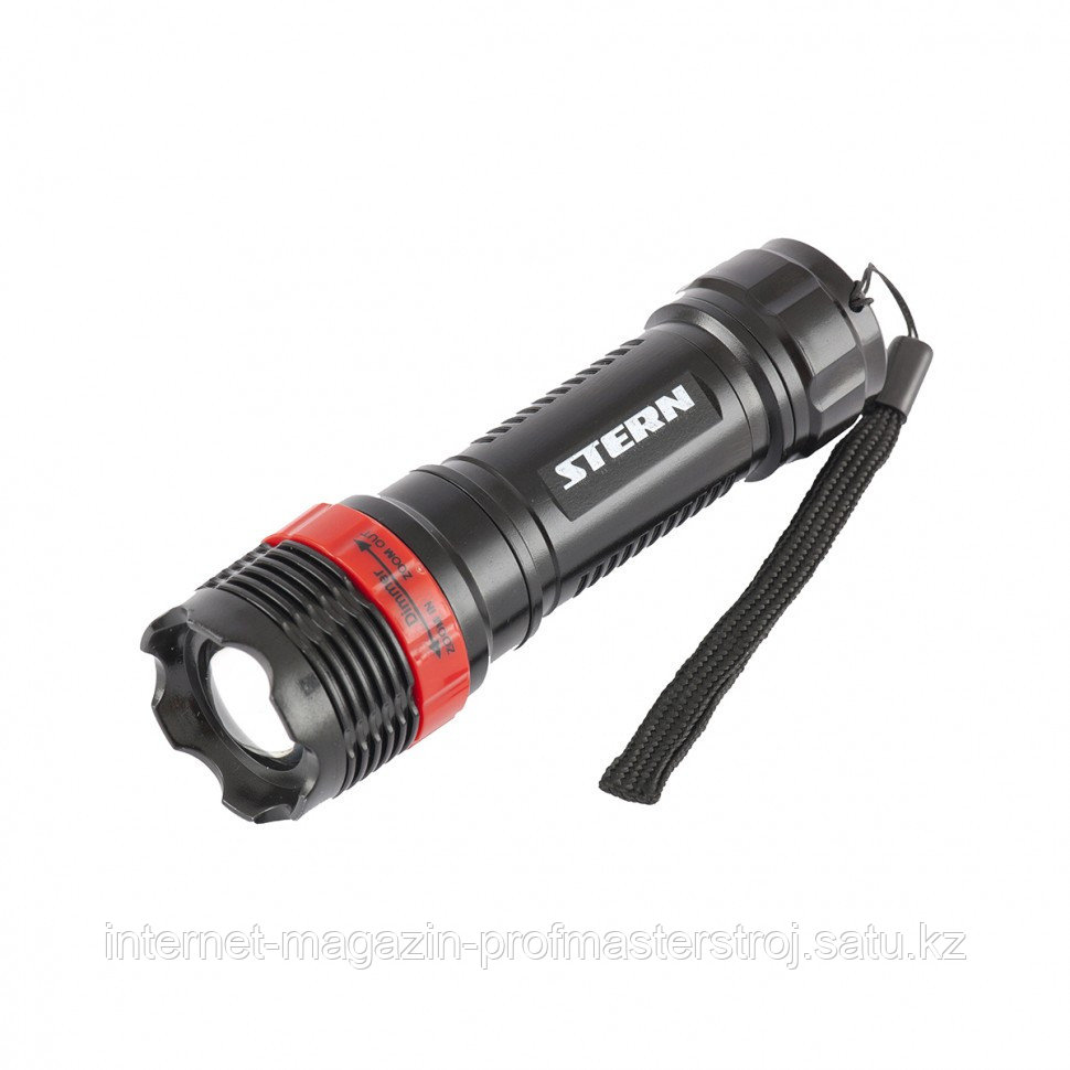 Фонарь бытовой, пластик, 1W LED, ремешок, зум, 3 режима 100%-50% - строб, 3xAAA, STERN