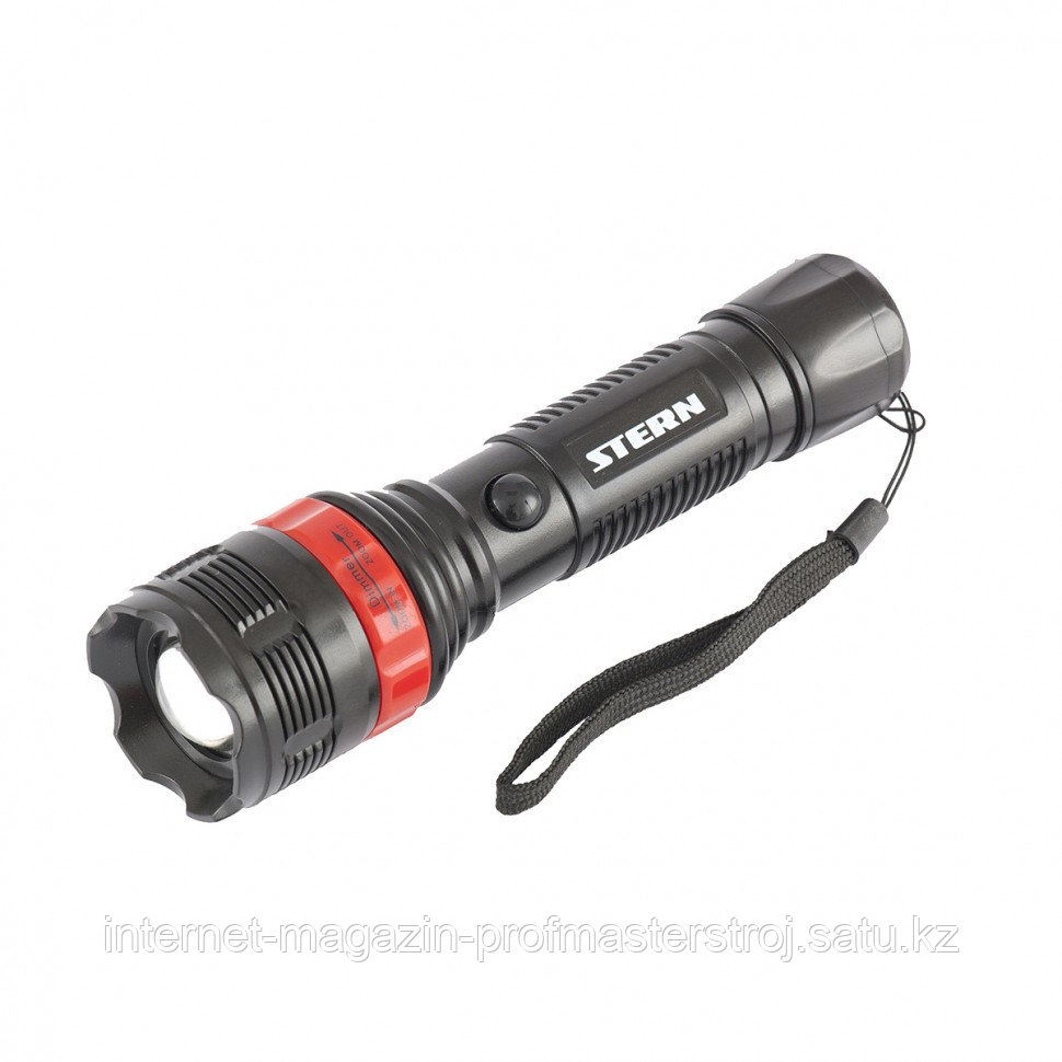 Фонарь бытовой, пластик, 3W LED, ремешок, зум, 3 режима 100%-50% - строб, 3xAAA, STERN