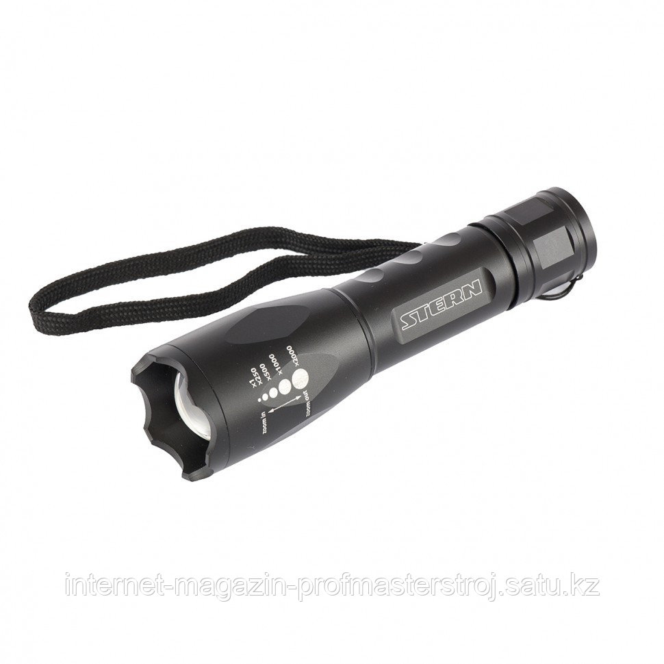 Фонарь, 3W CREE LED 3W, зум, 3 режима 100%-50% - строб, ремешок, 160 Лм, 200 м, 3xAAA, STERN