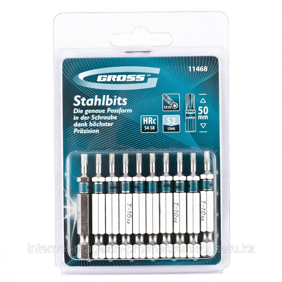 Набор бит TORX10 x 50 мм, сталь S2, 10 шт, GROSS