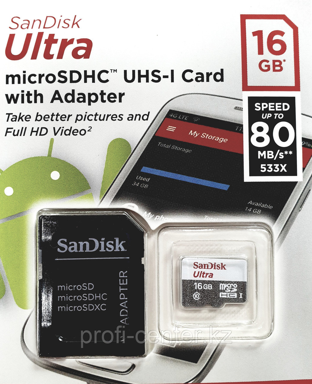 Карта памяти SANDISK, Чтение 80 МБ/с, microSDHC+SD Adapter 16Gb