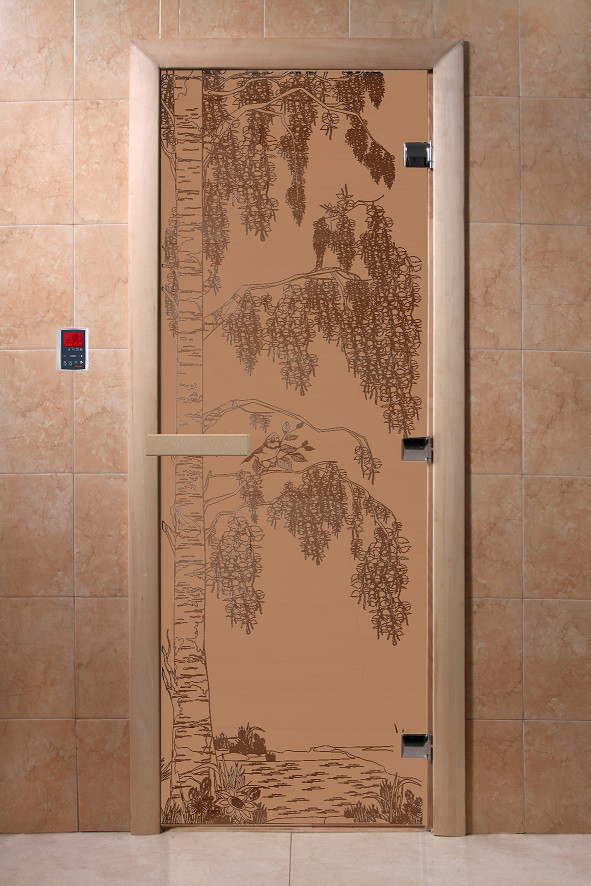 Дверь стеклянная банная "Березка" (бронза матовое), 1900х700, 3 петли,  стекло 8 мм, коробка Ольха