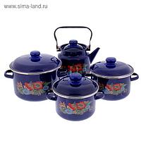 Набор посуды "Шиповник", 4 предмета: кастрюли 2 л; 3 л; 5,5 л, чайник 3,5 л, цвет синий
