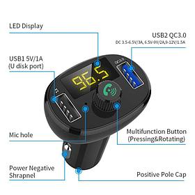 Автомобильный FM модулятор с вольтметром Bluetooth MP3-плеер быстрая зарядка USB