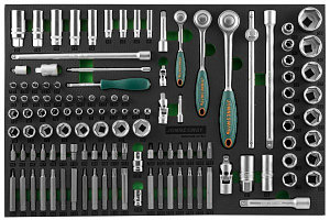 Набор головок торцевых 1/4", 3/8", 1/2"DR с аксессуарами и вставками-битами в EVA ложементе 560x400 мм, 121