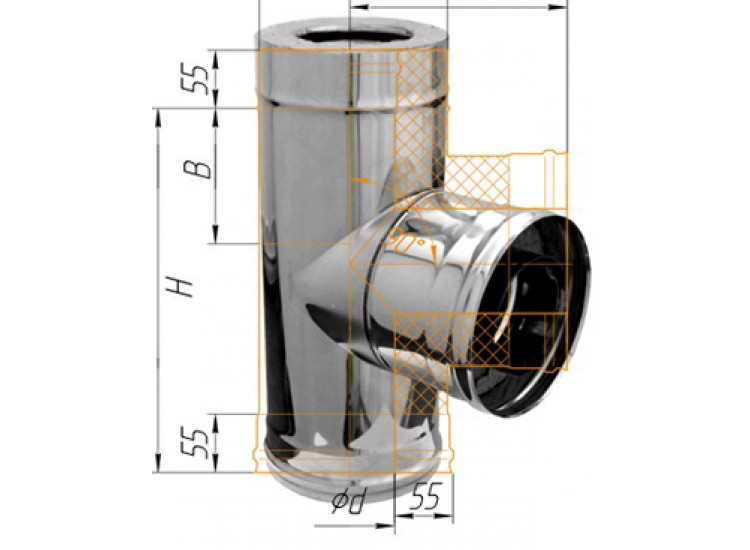 Тройник сэндвич 90°, по воде D=115/200, AISI 430/430, 0,5/0,5 мм (Феррум)