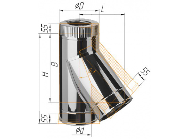 Тройник сэндвич 135°, по воде D=120/200, AISI 430/430, 0,5/0,5 мм (Феррум)