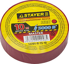 Изолента, STAYER Master 12291-R-15-10, ПВХ, 5000 В, 15мм х 10м, красная