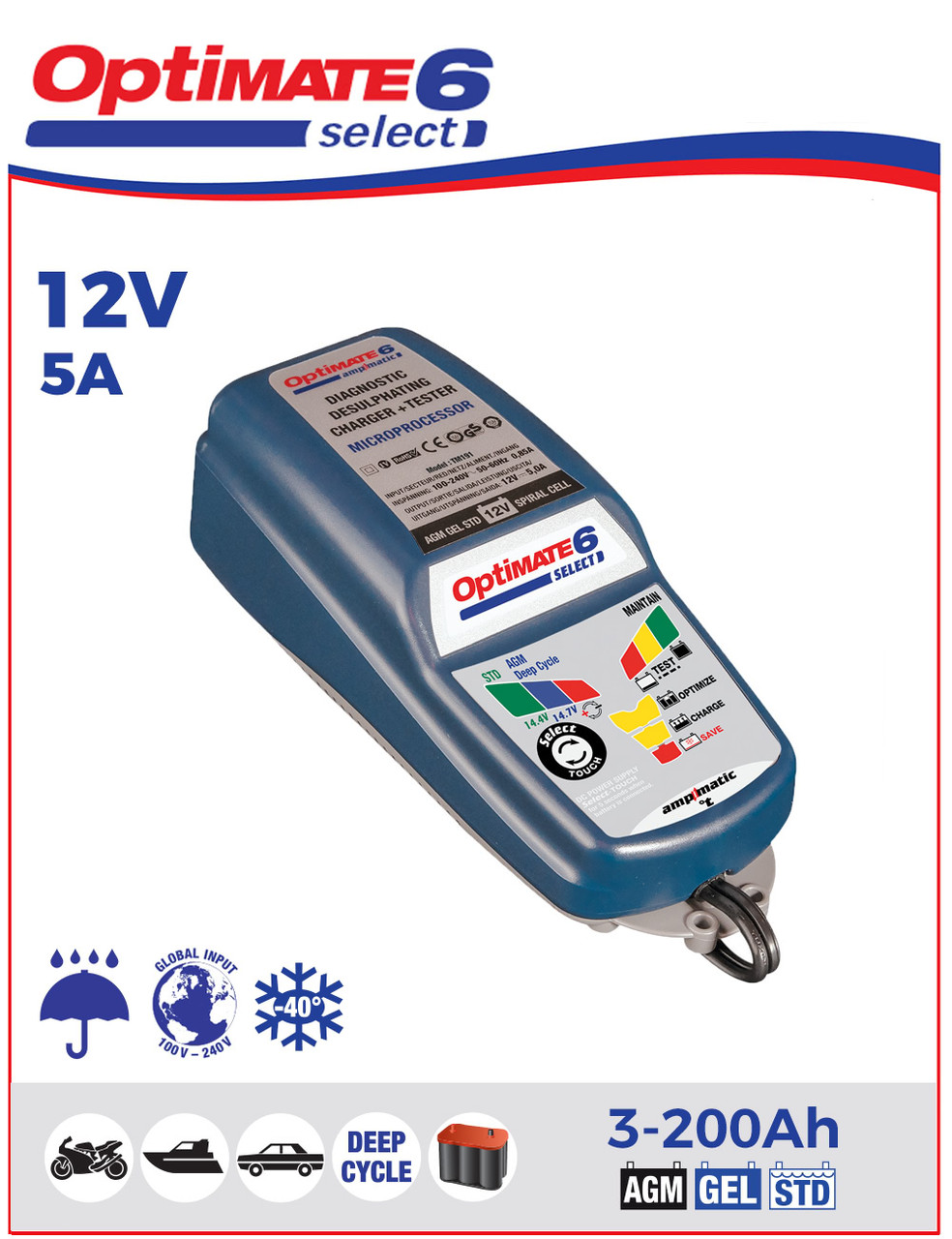Зарядное устройство ™Optimate 6 Select TM190 (0.4A– 5.0А, 12В)