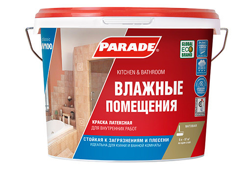 Краска для кухонь и ванных комнат Parade W100, база А, 2,5л