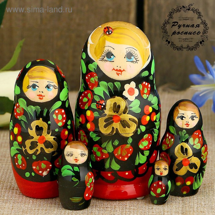 Матрёшка «Божья коровка», чёрный платок, 5 кукольная, 10,5 см