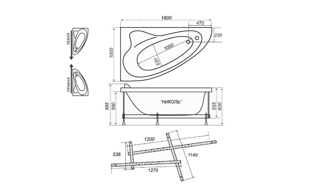 Ванна акриловая Тритон Николь правая 1600х1000 - фото 2 - id-p61148109