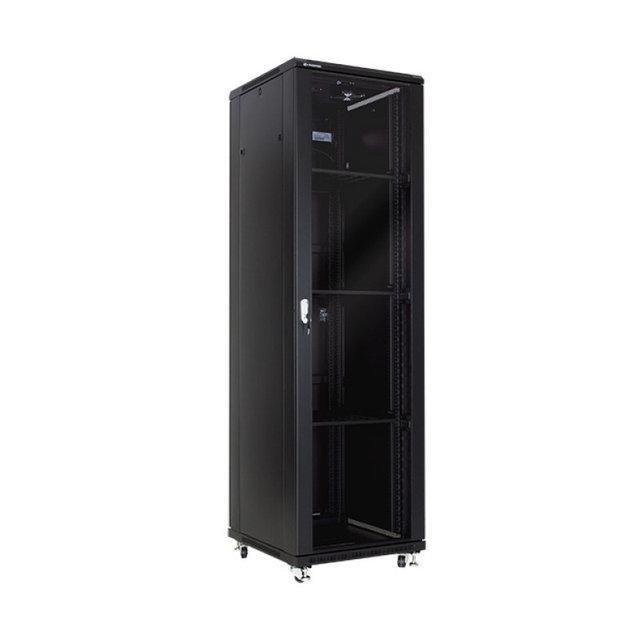 Шкаф напольный 42U, 600*600*2000,  цвет чёрный, передняя дверь стеклянная (тонированная), 3 полки, блок вентил