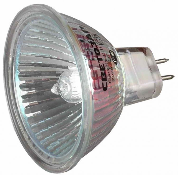 Лампа галогенная СВЕТОЗАР с защитным стеклом, цоколь GU5.3, диаметр 51мм, 20Вт, 12В