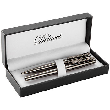 Набор Delucci "Mistico": ручка перьевая 0,8мм и ручка-роллер 0,6мм, черные, оруж. металл, подар.уп.