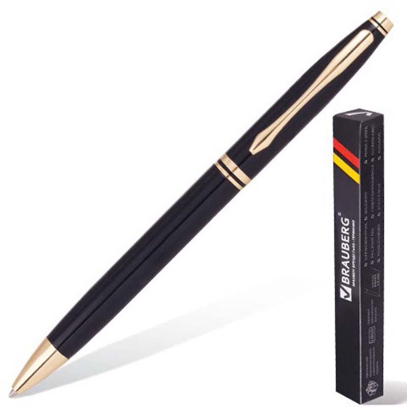 Ручка бизнес-класса шариковая BRAUBERG "De Luxe Black", корпус черный, золотистые детали, 1 мм, синяя, 141411