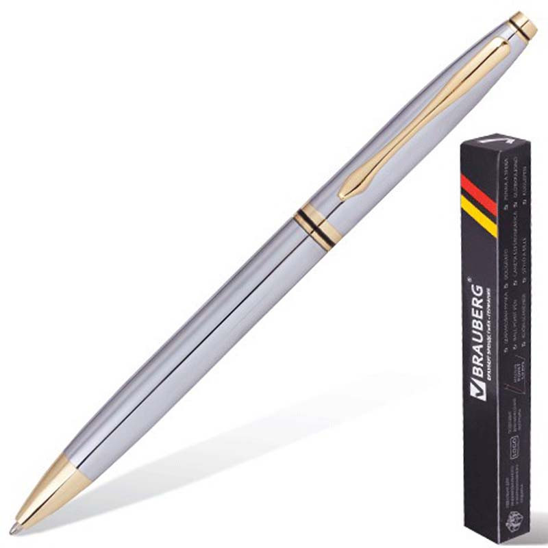 Ручка бизнес-класса шариковая BRAUBERG "De Luxe Silver", корпус серебр., золотистые детали, 1 мм, синяя 141414