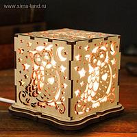 Соляной светильник из фанеры "Сова", куб, деревянный декор, цельный кристалл