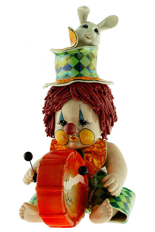 Статуэтка Клоун-барабанщик с кроликом. Керамика, ручная работа, Италия