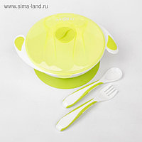 Набор детской посуды Basic, 4 предмета: миска на присоске 400 мл, крышка, ложка, вилка, от 5 мес., цвет лайм
