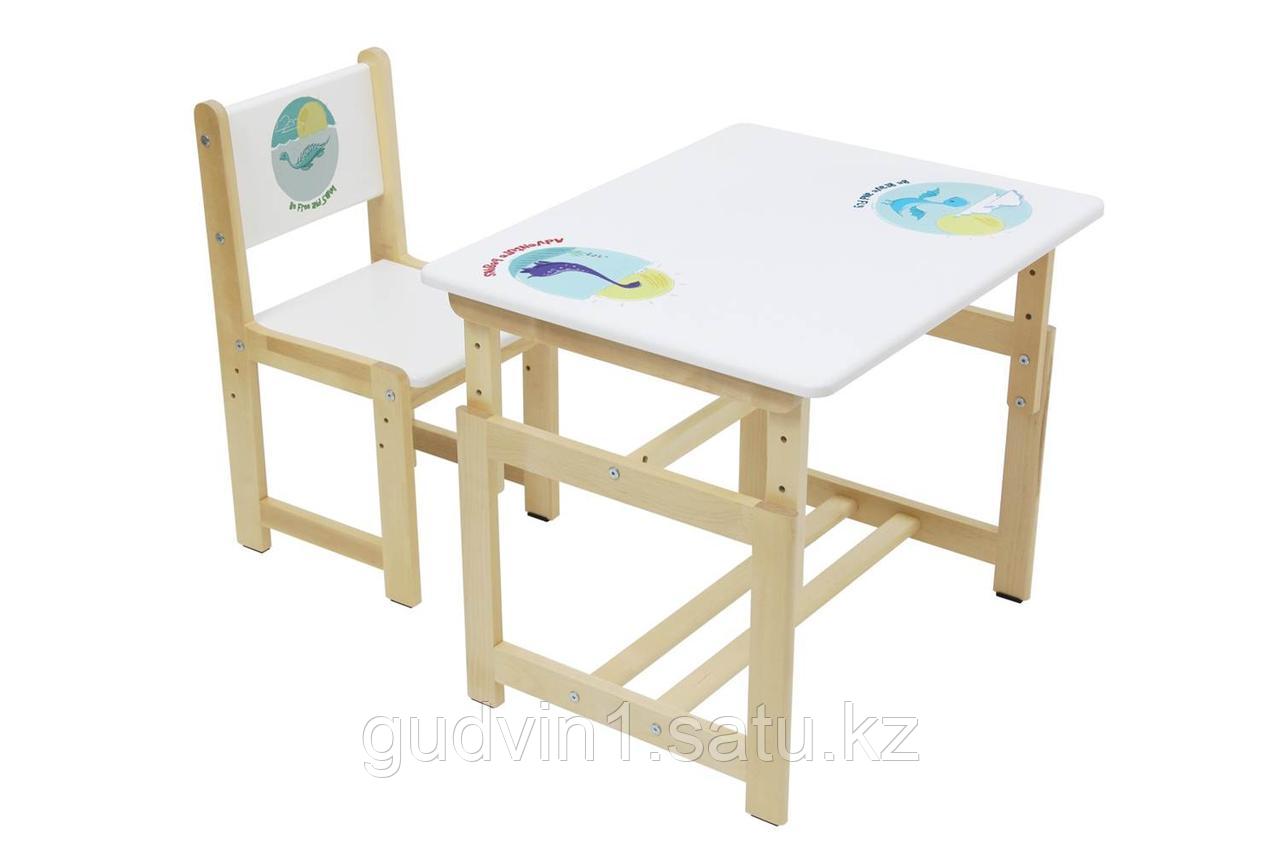 КОМПЛЕКТ РАСТУЩЕЙ ДЕТСКОЙ МЕБЕЛИ POLINI KIDS ECO 400 SM, ДИНО 1, БЕЛЫЙ-НАТУРАЛЬНЫЙ 00-82707