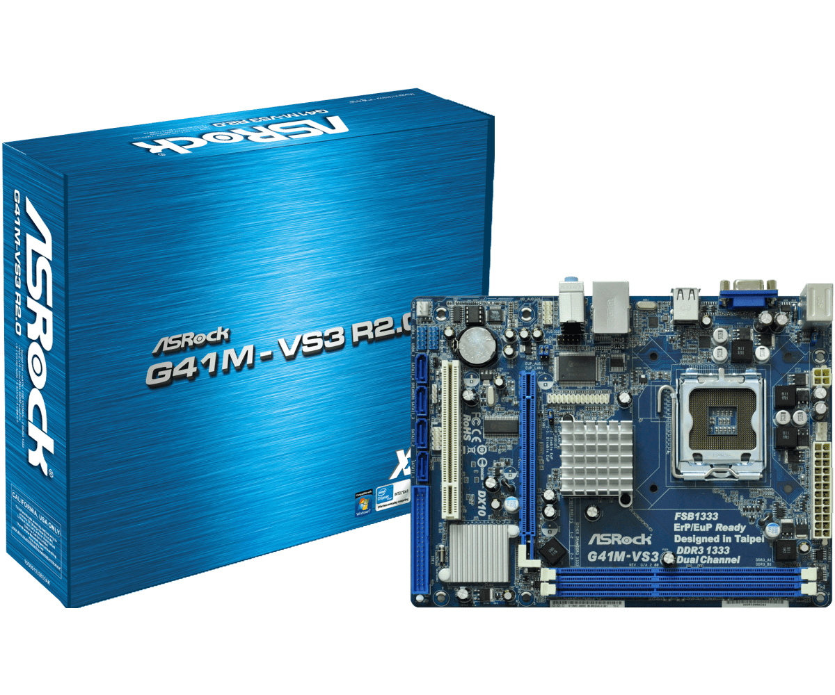 MB S-775 ASRock G41M-VS3 R2.0, G41, 2*DDR3, PCIex16, PCI, VGA, SB, 4*USB 2.0, LAN, 4*SATA2, 1*IDE, mATX, Box - фото 1 - id-p61639208