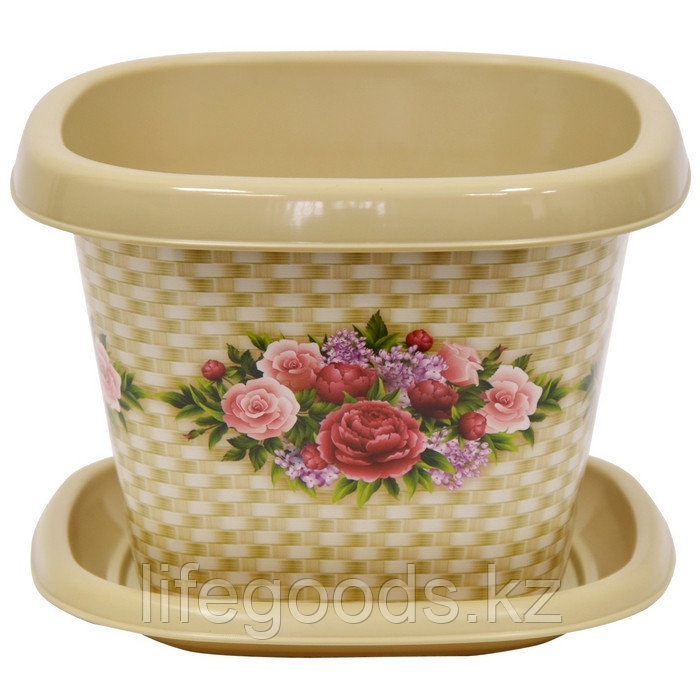 Кашпо квадратное 1,2л. с декором "Букет" с поддоном 3115171