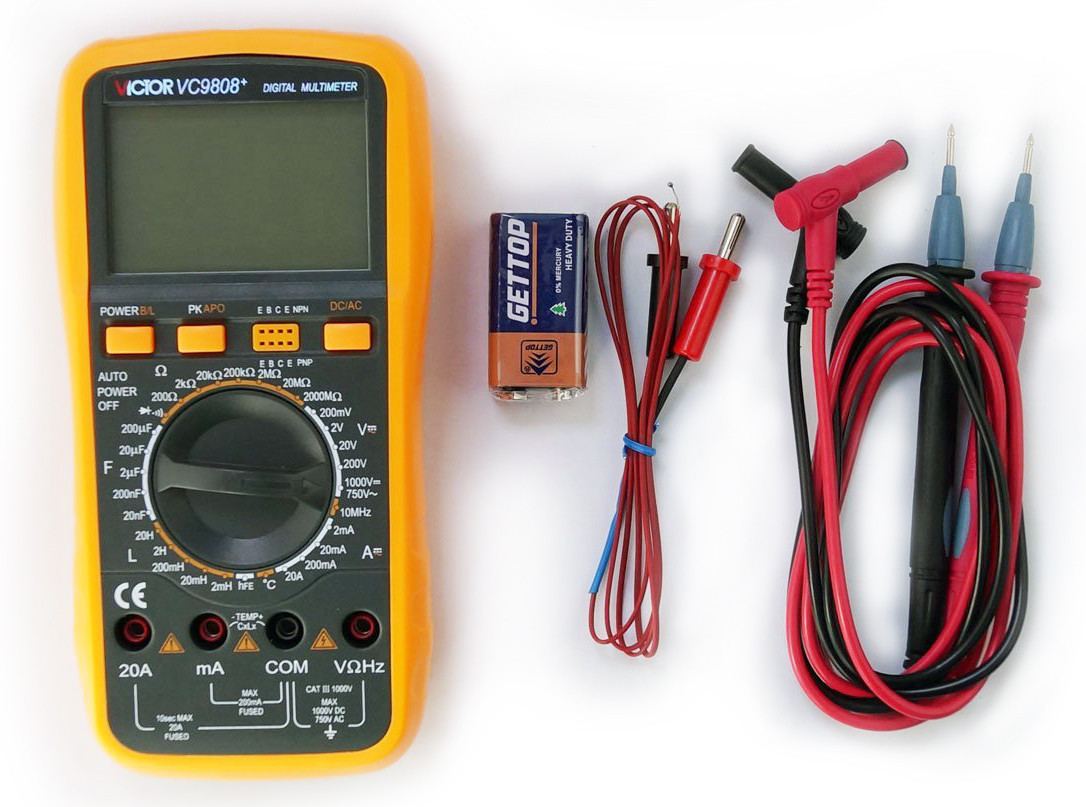 Мультиметр цифровой VICTOR VC9808+, Измерение: , U+, U~, I+, I~, R, C, t°, T, L, PN переход, Прозвонка