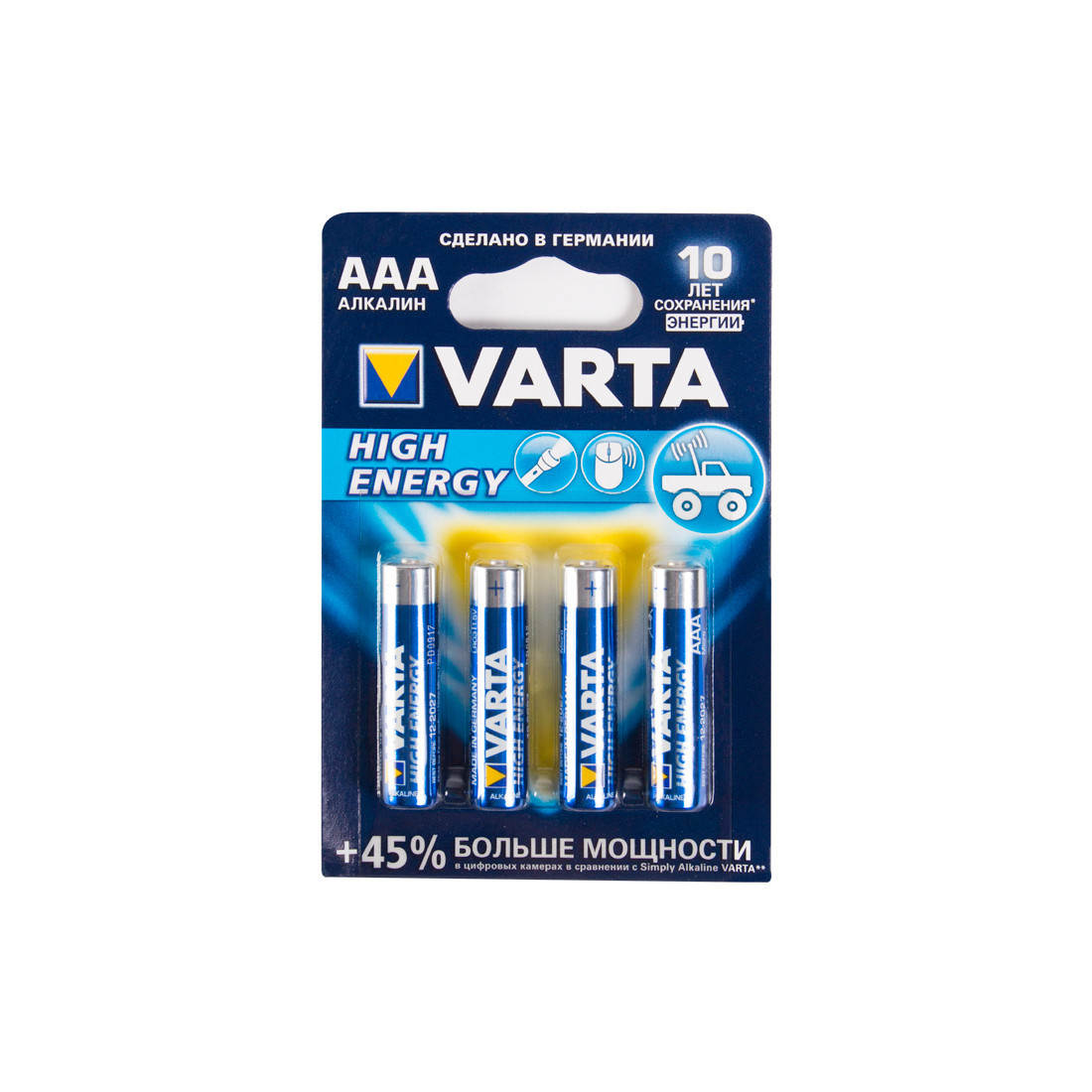 Батарейка VARTA LR03-BP4DG High Energy Micro 1,5 В, Упакова: Блистер 4 шт., Аналоги: LR03\24A\AAA\А286, Тип ба