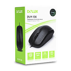 Мышь, Delux, DLM-136OUB, Оптическая, USB, 1000dpi, Длина провода 1,6 м, Чёрная