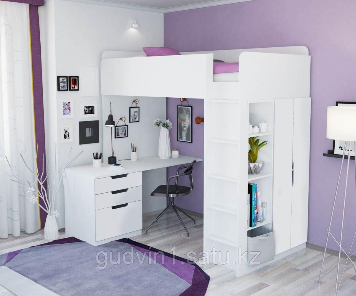Кровать - чердак Polini Simple с письменным столом и шкафом, цвет белый 00-72568