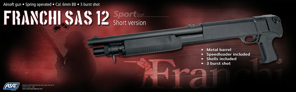 Дробовик для страйкбола ASG Franchi SAS 12 Short, Калибр: 6,0 мм, Дульная энергия: 0,7 Дж, Ёмкость магазина (б