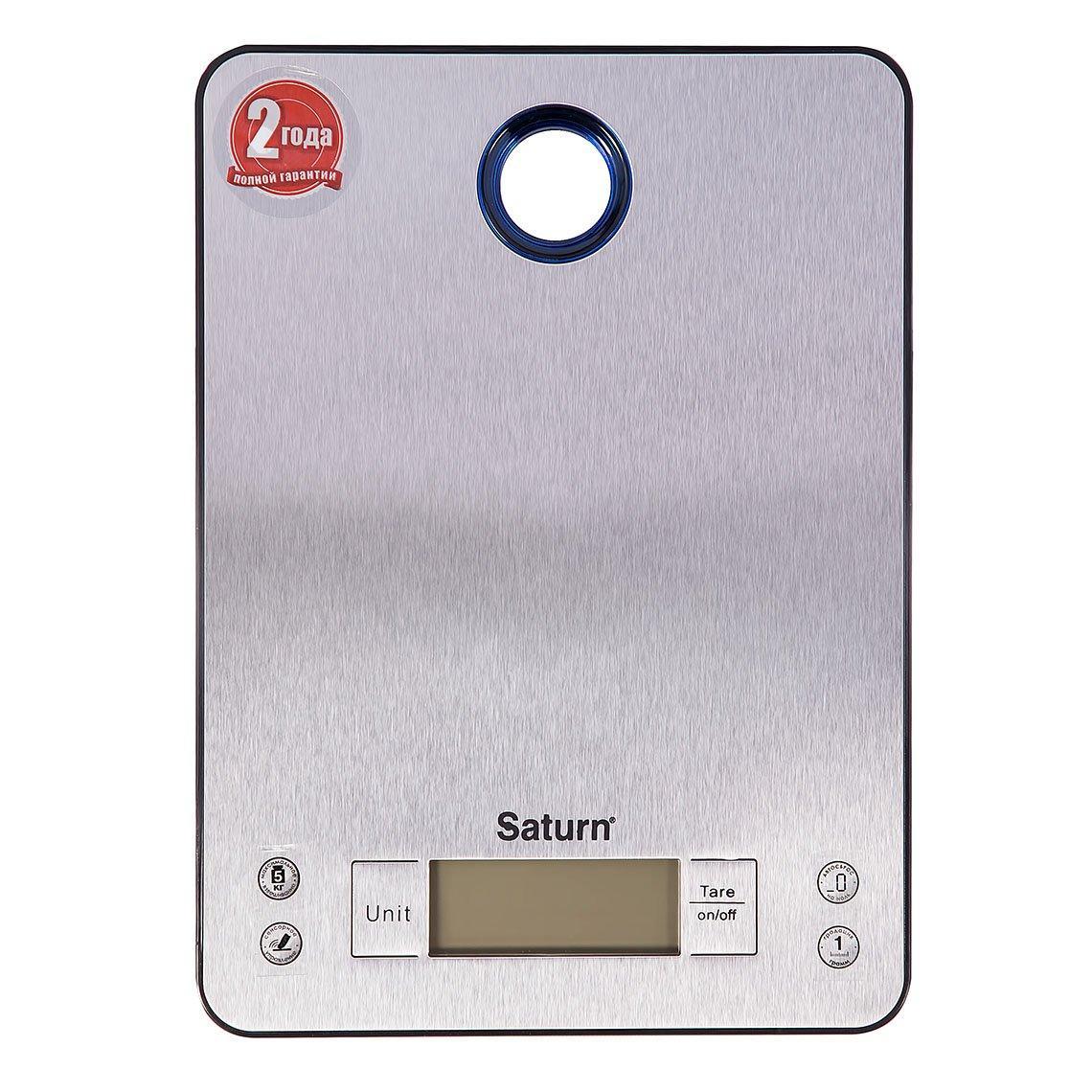Весы кухонные Saturn ST-KS7804, Допустимый вес: 5 кг, Точность: 1 г, Замер горячих продуктов, Нержавеющая стал