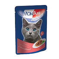 Нежные кусочки в соусе «МонАми» С телятиной 85 гр. Для взрослых кошек с нормальной активностью.