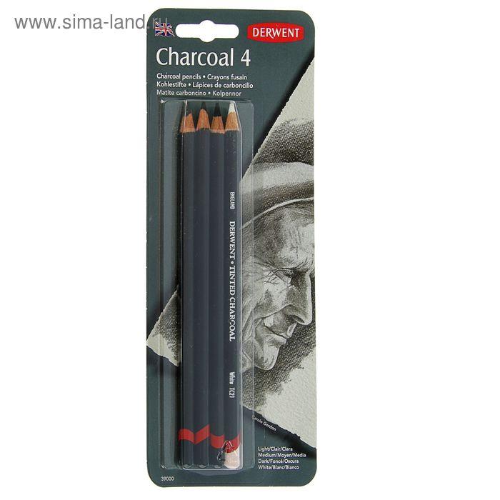 Уголь в карандаше, набор для графики Derwent Charcoal, 4 штуки (+ псательный карандаш)