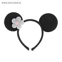 Карнавальный ободок "Ушки", черные круглый с белым цветком