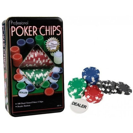 Набор номинальных фишек для покера в жестяной коробке «POKER CHIPS» [100 шт. + кнопка дилера], фото 2