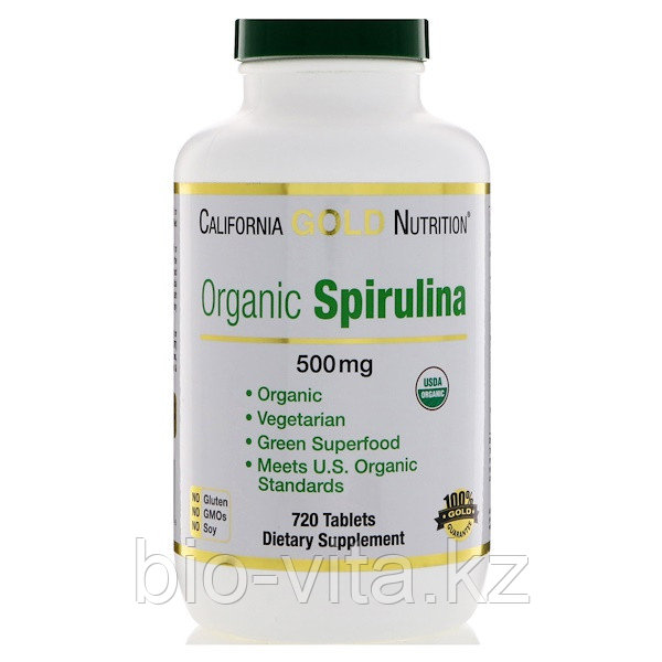 Спирулина. Органическая спирулина, 500 мг, 720 таблеток. Без ГМО. California Gold Nutrition Сертификация GMP.