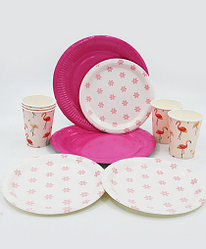 Посуда для праздника "Цветы и фламинго", 30 предметов