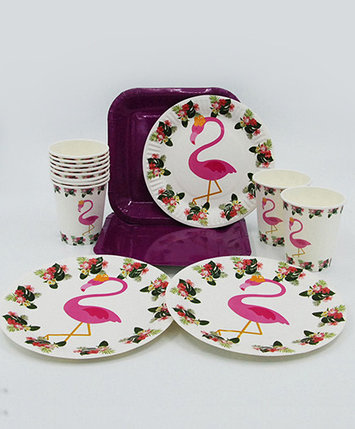 Набор праздничной посуды "Розовый фламинго" - 6 больших квадратных + 6 десертных тарелок + 6 стаканов, фото 2