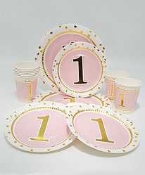Посуда на годик девочке "Girl 1", с золотым рисунком, большие + десертные тарелки + стаканы