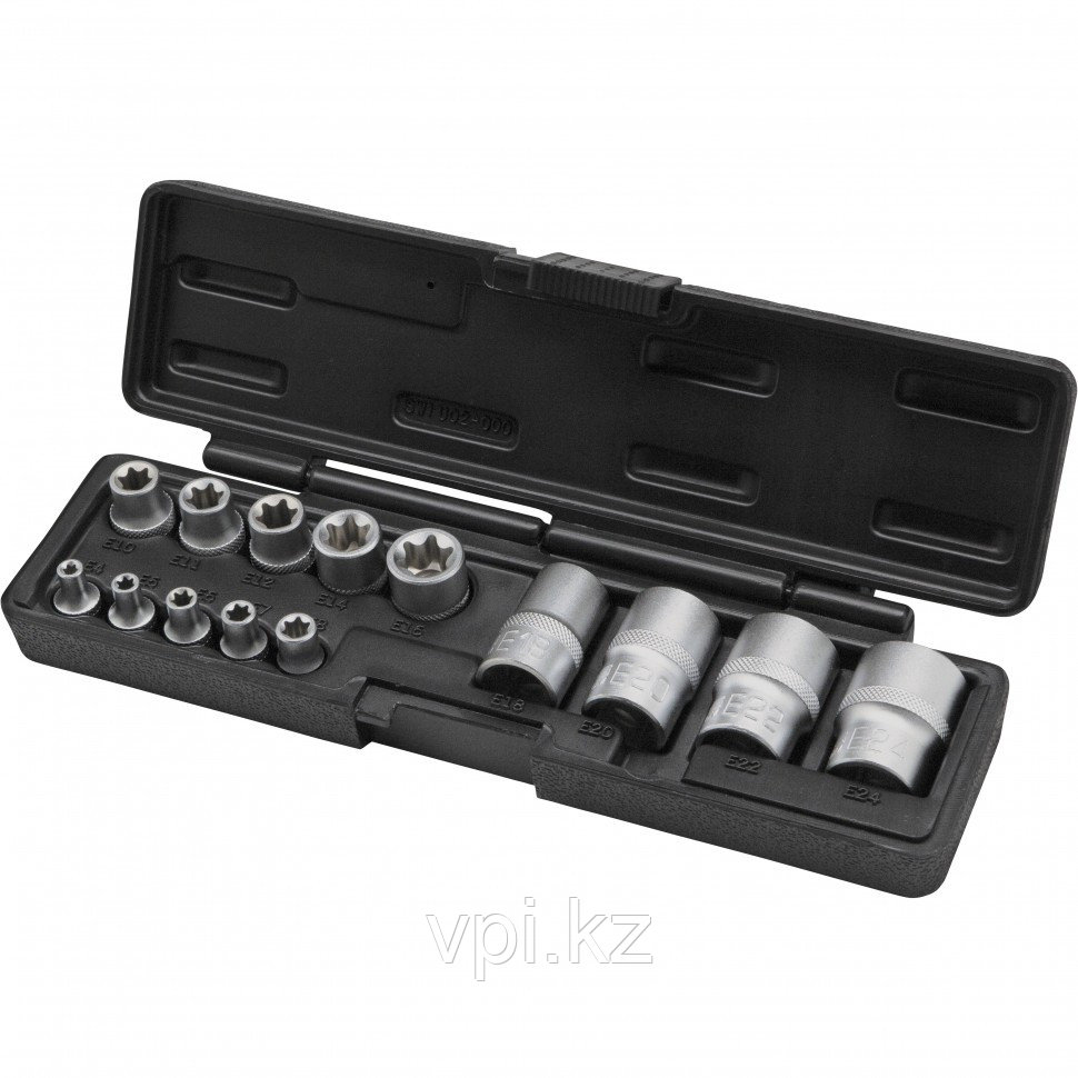 Набор головок торцевых TORX-звездочка Е4-Е8мм, 1/4" Е10-Е16мм, 3/8" Е18-Е24мм, 1/2" из 14пр. Stels