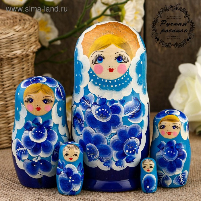Матрёшка «Цветы», голубой платок, 5 кукольная, 15 см