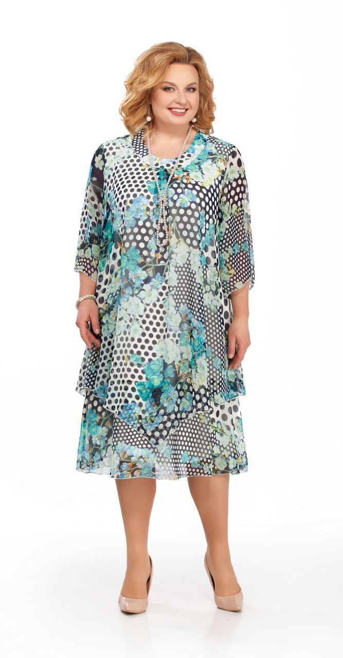 Платье Pretty-242/2, горохи+бирюзовый, 50