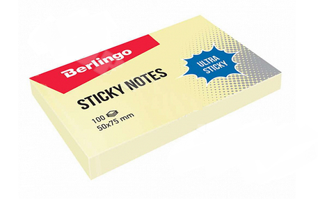 Клейкие листки BERLINGO "Ultra Sticky" 50х75 мм, желтые, 100 листов