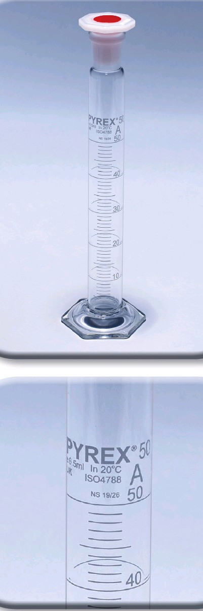 Цилиндр 2а мерный с пластмассовой пробкой 100 мл, класс A (PYREX)